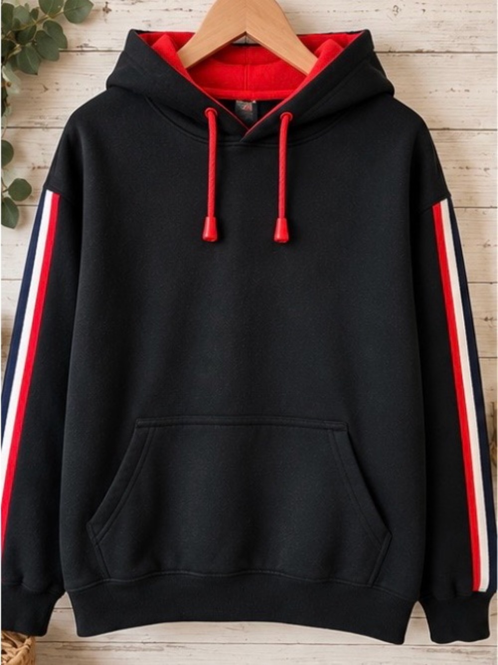 Blue Norway Hoodie with Red Lined Hood and Stripe Detail